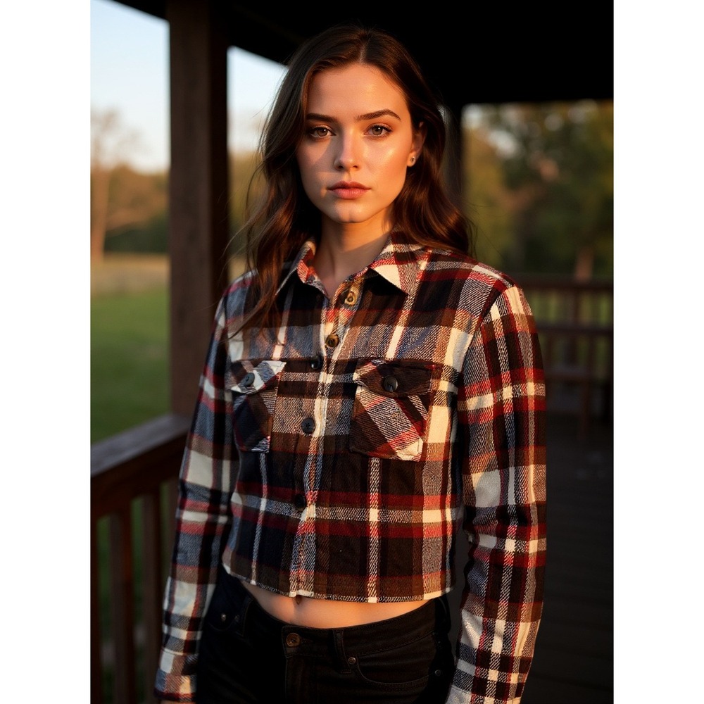 Cropped Plaid Flannel Shirt Jacket Women's Brown Red White Blue Button Up‎